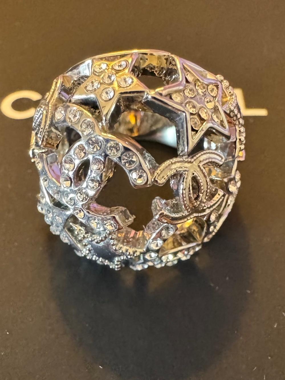 Super Rare Limited Edition Chanel CC Logo Crystal Embellished Silver Star Ring